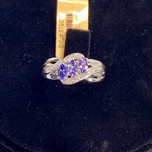Platinum Overlay Sterling Silver Tanzanite Diamond 3 Stone Ring Size 6.5 - Picture 1 of 9