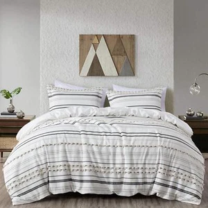 Chezmoi Collection Maru Jacquard Cotton Tufted Pompom Striped Duvet Cover Set - Picture 1 of 10