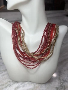 Coldwater Creek Red/Gold Multi Strand Seed Beaded Statement Necklace - Picture 1 of 5