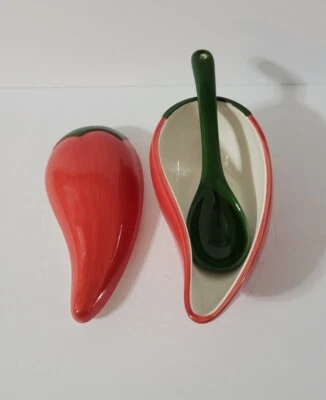 Salsa de chile guayac Dip Bowl con tapa y cuchara cerámica rojo verde Foto 1 de 4