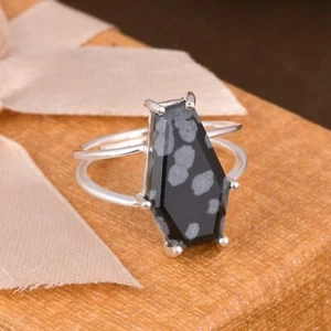 Anillo ataúd plateado de piedras preciosas de obsidiana copo de nieve para mujer regalo - Imagen 1 de 10