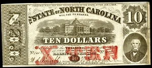 Obsolete Banknote Currency Jan 1, 1863 State North Carolina Raleigh $10 Note UNC - Picture 1 of 2