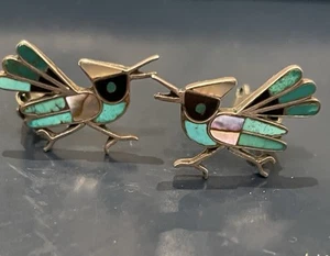 Vintage Zuni Roadrunner Sterling Türkis Jet MOP Clip Ohrringe - Bild 1 von 8