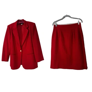 Vintage 90s Savannah Womens L Red Wool Pencil Skirt Suit Set Blazer Heritage Mod - Picture 1 of 24