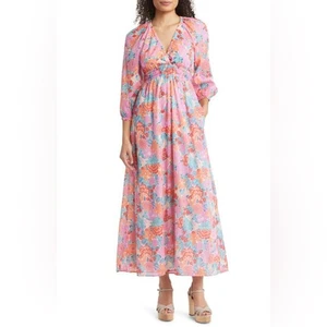 Maxi abito Banjanan floreale manica 3/4 scollo a V taglia small romantico femminile - Foto 1 di 5