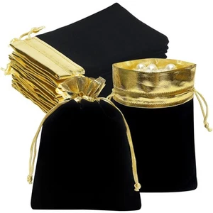 10pcs Velvet Bags with Drawstrings 5x7 inch, Black Gold Cloth Gift Pouches Ba... - Picture 1 of 7