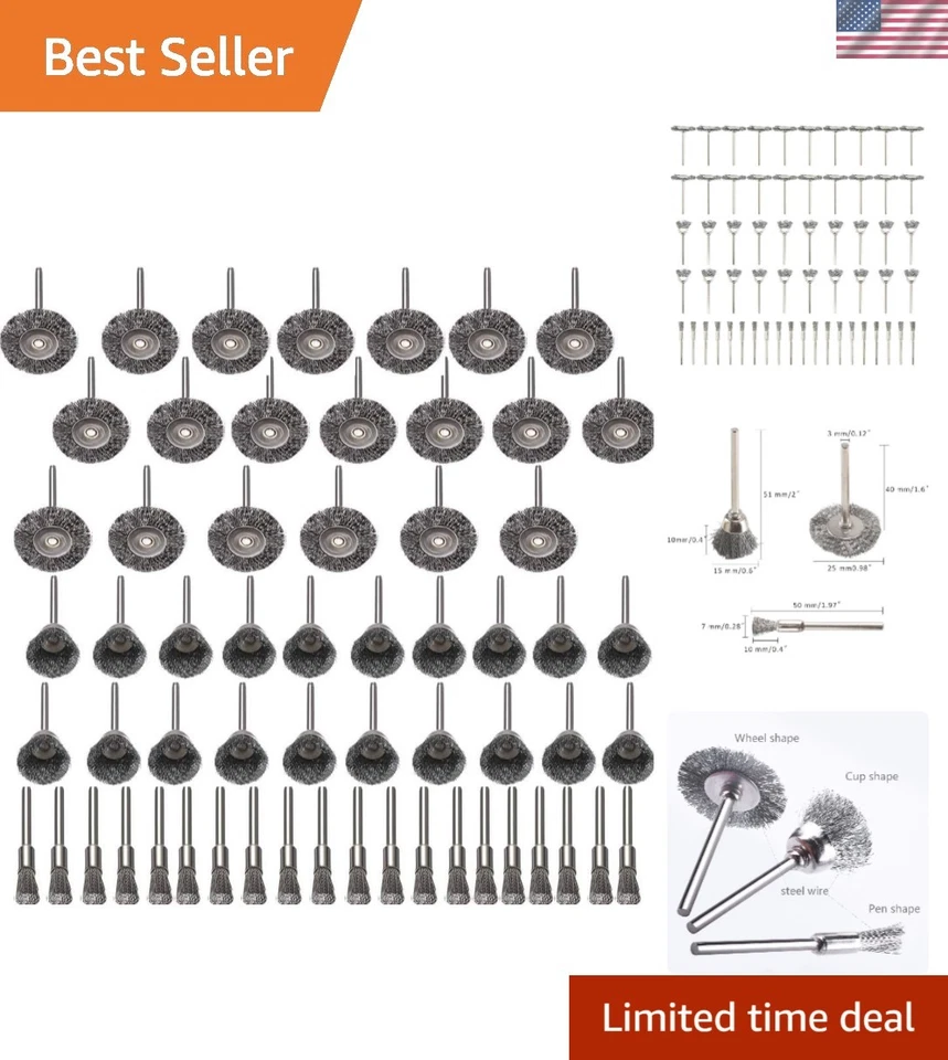 60 Pcs Wire Brushes Set Rocaris Steel Wheels Pen 1/8 Silver