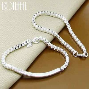 DOTEFFIL 925 Sterling Silver 4mm Box Chain 2pcs Bracelet Set Woman Charm Jewelry - Picture 1 of 6