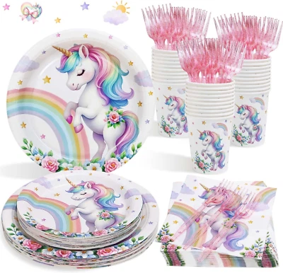 Einhorn Partygeschirr Deko Kindergeburtstag Pappteller Set für 25 Gäste 125x Ein - Bild 1 von 4