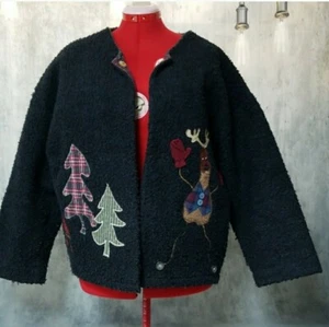 Holiday trees reindeer handmade jacket size xxl Christmas winter buttons whimsy - Picture 1 of 12