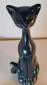 Scultura nera gatto legno intagliato vintage metà secolo MCM deco occhi verdi alta 7" - Foto 1 di 7