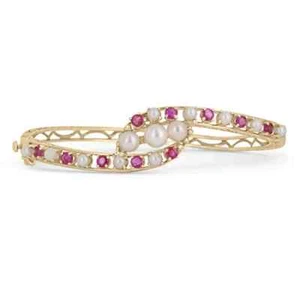 2.25tcw Ruby Pearl Bangle Bracelet Timeless Estate Jewelry Yellow Gold 14K - Picture 1 of 5