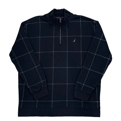 Nautica Blue Checkered Pull Over 1/4 Zip Mock Neck Sweatshirt Sweater Size 2XL - Imagem 1 de 4