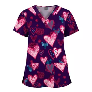 NiaaHinn Printed V-Neck Scrub Tops Women Men Medical Nursing Solid Straight Pant - Picture 1 of 78