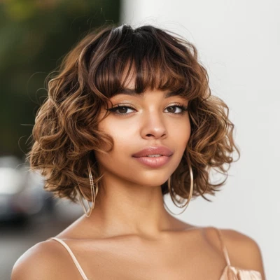 Short Body Wave Highlight Brown Human Hair Wigs With Bangs For Women Brazilian - Image 1 of 4