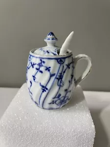 Antique Tettau Porcelain Blue Strawflower Mustard/Jam Jar Pot With Spoon Germany - Picture 1 of 12