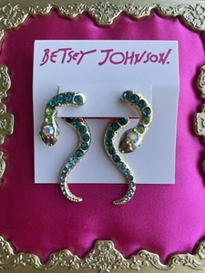 Orecchini Betsey Johnson Wild Things verde e blu cristallo oro serpente fronte retro - Foto 1 di 3