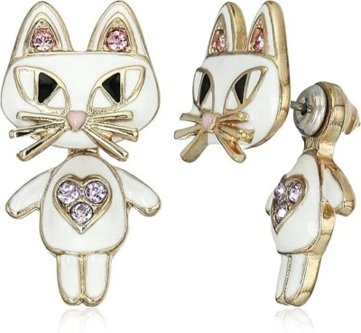 Betsey Johnson White Enamel Cat w/Crystal Heart Front Back Dangle/Drop NWT NIB - Image 1 of 4