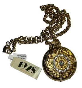 1928 Crystal Deco Lux Pocket Watch Locket Necklace 14K Gold Dipped NWT Jewelry - Picture 1 of 4