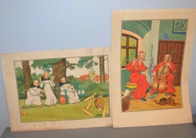 2 Anciennes Lithographies  Harry ELIOTT Moines Jeux de Quilles et Musique - Photo 1/4