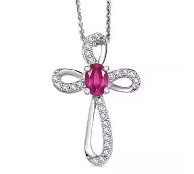 Silver Pendant Ruby Genuine Natural Mined Gem Solid Sterling Cross With Chain - Image 1 of 4