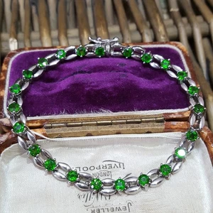 925 Sterling Silver Tennis Bracelet, Natural Green Diopside Gems, 4.39ct, 7.2" - Picture 1 of 9
