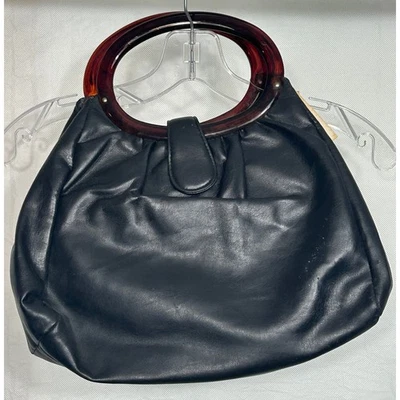 Vintage Black PVC Handbag with Tortoise Shell Handles 13.5"x15" - Image 1 of 4