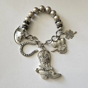 Vintage Western Cowboy Southwestern Silberfarben Extra Großes Bettelarmband   - Bild 1 von 11