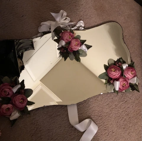 vintage mirror wall hanging ( One Of A Kind) Pink Flowers Leaves And White Bows Cover