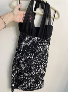 Carole Little Halter Dress Fitted Black White Snake Print Ruffle BodyCon Sz 8 - Picture 1 of 12