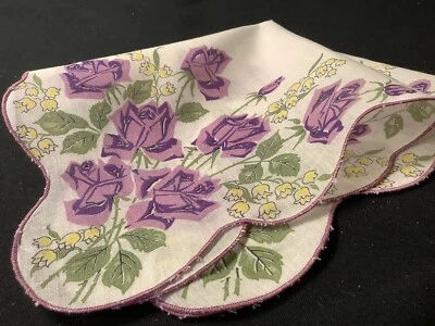 10448🌟COTTAGE Fresh Vintage 40s Floral GREEN & PURPLE ROSES Handkerchief - Image 1 of 4