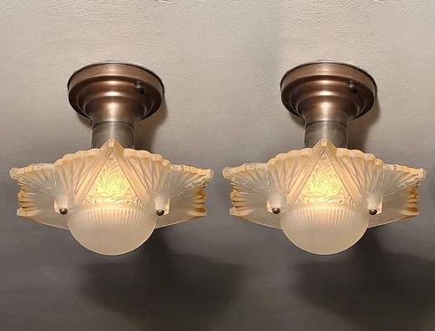 PAIR Restored Antique Art Deco 1930 CONSOLIDATED Light Fixtures Flush Mount Cover