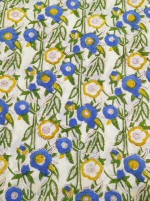 5 Yard Hand Block Print Handmade Cotton Indian Natural Flower Print Fabric Blue - Image 1 of 4