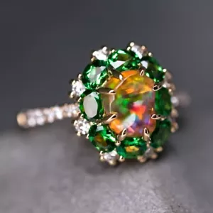 Exquisite Mexican Fire Opal Halo Diamond Engagement Ring 18K Yellow Gold - Picture 1 of 10