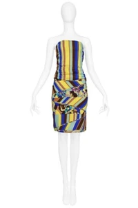 VINTAGE VERSACE FLORAL AND STRIPES STRAPLESS BUSTIER AND SKIRT ENSEMBLE - Picture 1 of 3