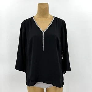 New! $54 JM Collection Medium 8/10 Black Chiffon Rhinestone Top Shirt Womens - Picture 1 of 10