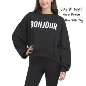 Cinq A Sept Bonjour Graphic Oversized Black Sweatshirt - Medium - New with Tag - Picture 1 of 4