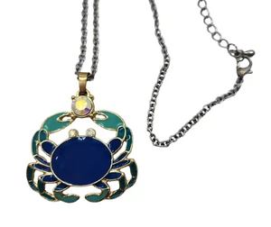 VTG Blue & Green Enamel Crab Pendant AB Rhinestones & Silver Tone Necklace - Picture 1 of 7