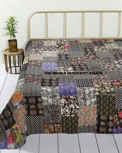 Bohemio Kantha Colcha Reversible Indio Cama Manta Algodón Patchwork Negro Reina - Imagen 1 de 4