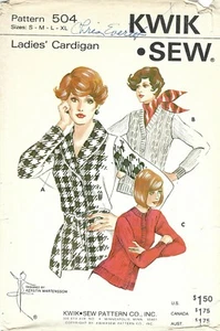 Kwik Sew 504 Retro Cardigans Wrap Style w Shawl Collar, Button V-Neck Sz S-XL - Picture 1 of 3