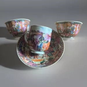 Antico set mandarino cinese, 2 ciotole da tè, 1 piattino e 1 tazza da caffè, XVIII secolo - Foto 1 di 24