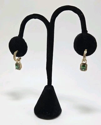 Simulated Emerald Gold Tone Dangle Post Earrings Rhinestones GV9 Backs Christmas - Image 1 of 4