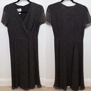 Vestido midi Talbots Petites estampado negro y tostado manga corta cuello en V seda pura 6P - Imagen 1 de 3