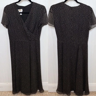 Talbots Petites Black & Tan Print Short Sleeve V-Neck Pure Silk Midi Dress 6P - Image 1 of 3