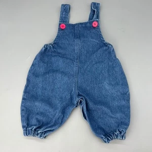 Mono con tirantes de mezclilla vintage 9-12M mameluco burbuja botones rojos bebé oso de peluche usado en excelente estado - Imagen 1 de 10