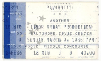 Vintage 1985 Pavarotti Concert Ticket Stub Baltimore MD - Image 1 of 3