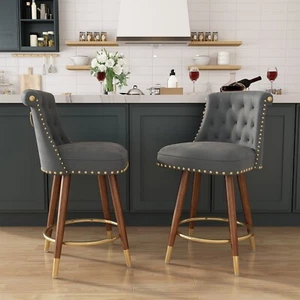 24" Velvet Counter Height Bar Stools Swivel Bar Stools Set of 2 Wood Legs Gray - Picture 1 of 5