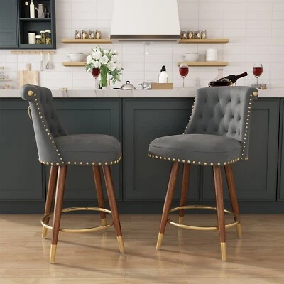 24" Velvet Counter Height Bar Stools Swivel Bar Stools Set of 2 Wood Legs Gray - Image 1 of 4