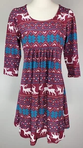 NWT R&B Collection Dress - Size L - Burgundy w/ Reindeer & Snowflake Pattern - Picture 1 of 15