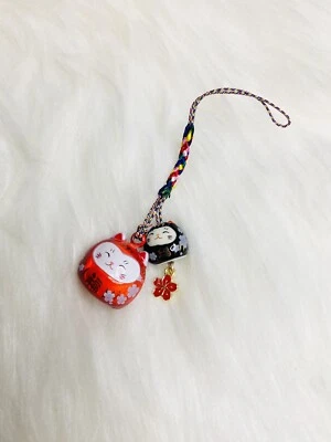 Japan Lucky Cat Red Phone Bell Charm Sakura Charm Pendant Flower Red Black Gift - Image 1 of 3